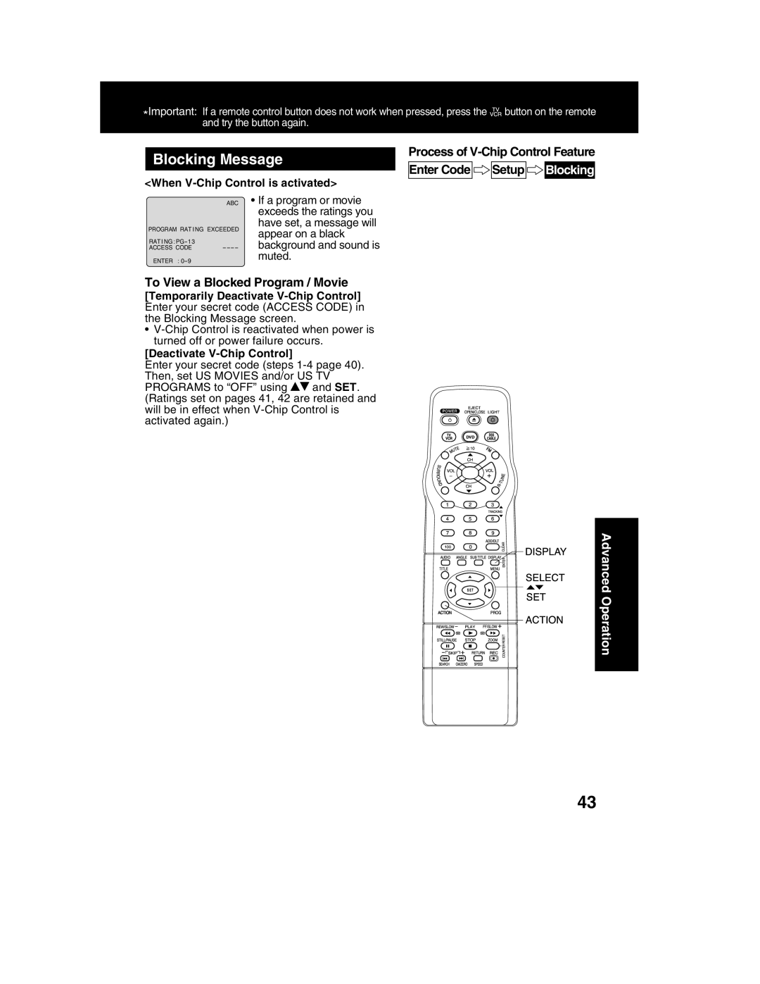 Panasonic PV-DM2792 manual Blocking Message, To View a Blocked Program / Movie, When V-Chip Control is activated 