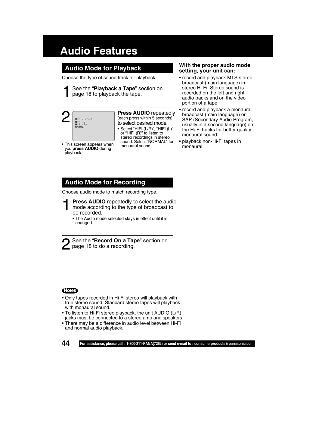 Panasonic PV-DM2792 manual Audio Features, Audio Mode for Playback, Audio Mode for Recording, Press Audio repeatedly 