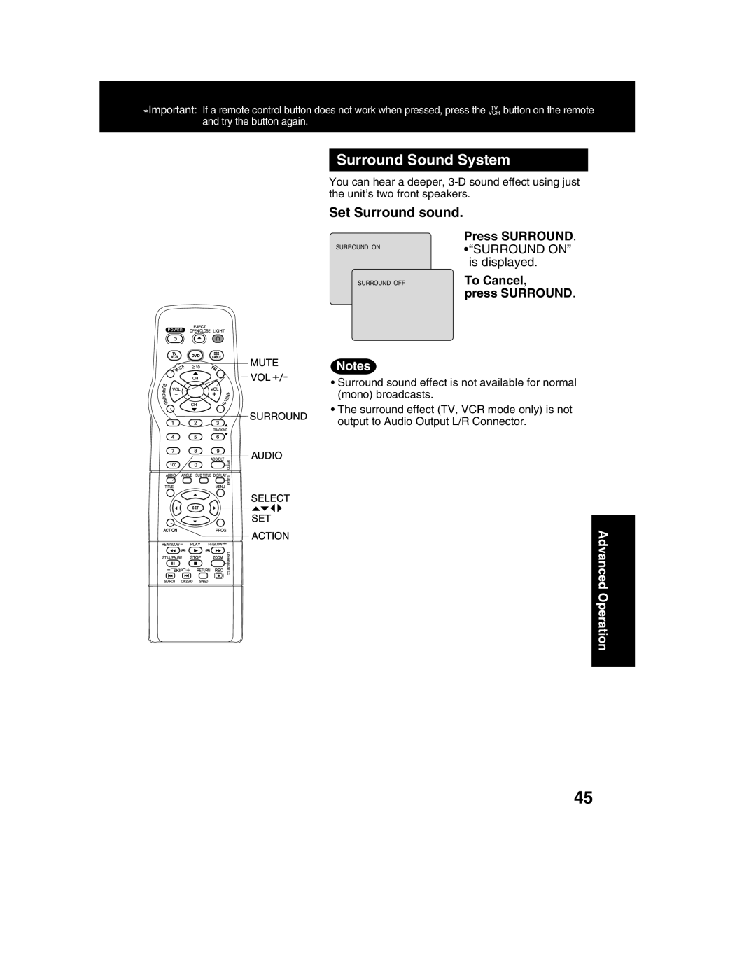 Panasonic PV-DM2792 manual Surround Sound System, Set Surround sound 