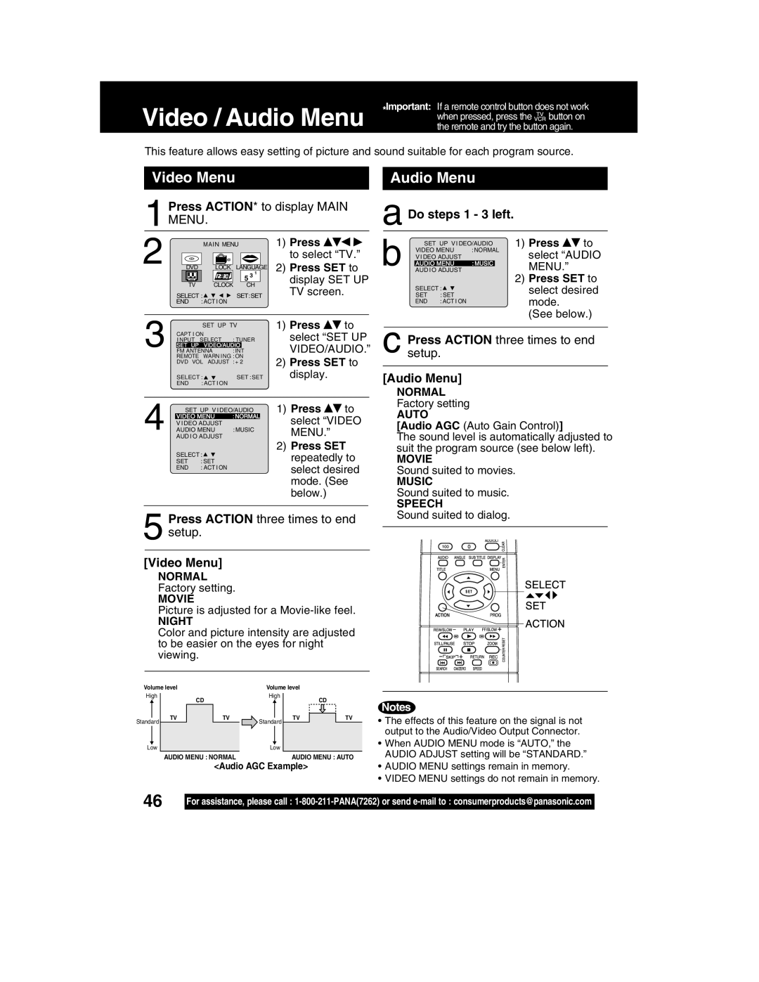 Panasonic PV-DM2792 manual Video Menu, Audio Menu, Do steps 1 3 left 