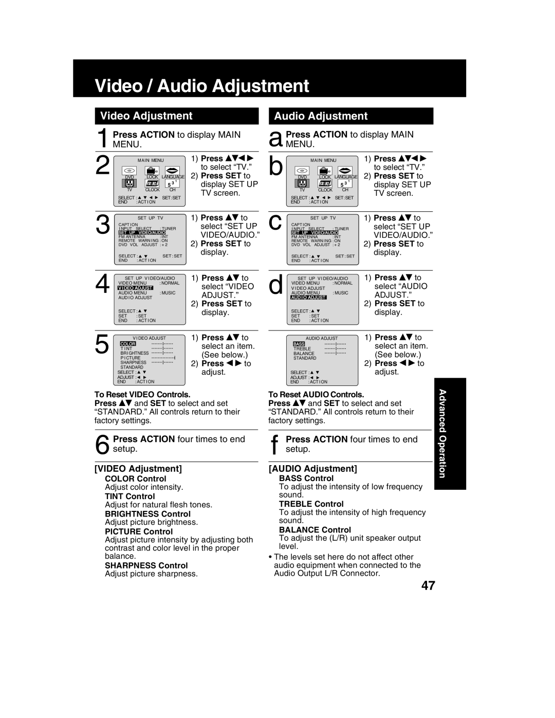 Panasonic PV-DM2792 manual Video / Audio Adjustment, Video Adjustment 