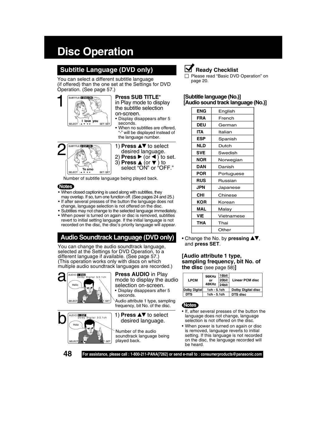 Panasonic PV-DM2792 manual Disc Operation, Subtitle Language DVD only, Press SUB Title 