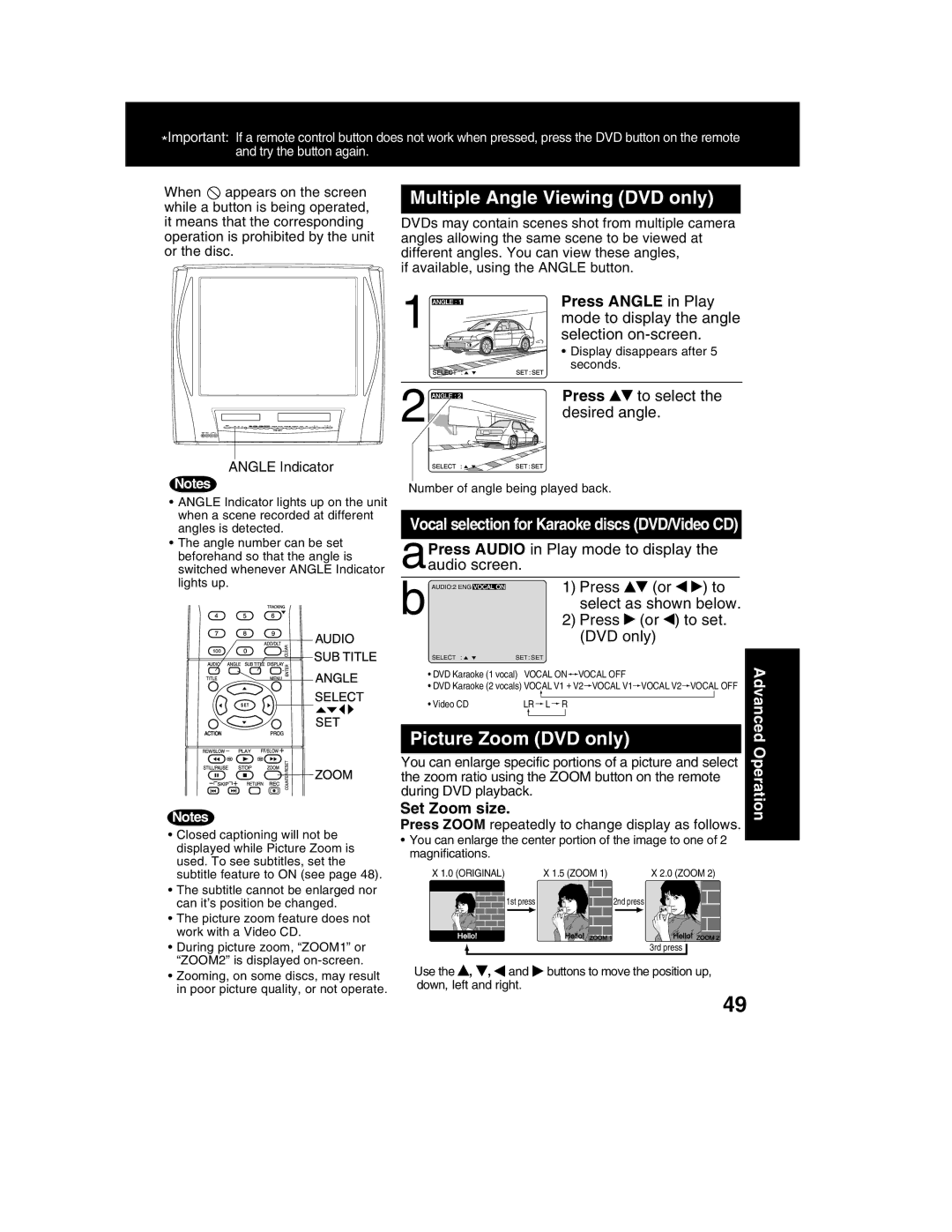 Panasonic PV-DM2792 manual Multiple Angle Viewing DVD only, Picture Zoom DVD only, Press To select, Set Zoom size 