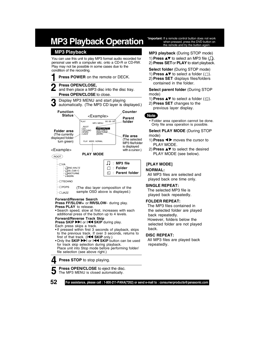 Panasonic PV-DM2792 manual Select parent folder During Stop, Press OPEN/CLOSE to close, Select Play Mode During Stop 