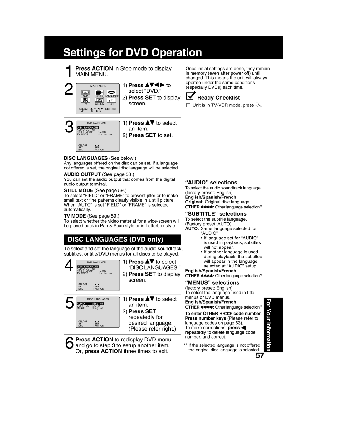 Panasonic PV-DM2792 manual Settings for DVD Operation, Disc Languages DVD only, For Your Information 