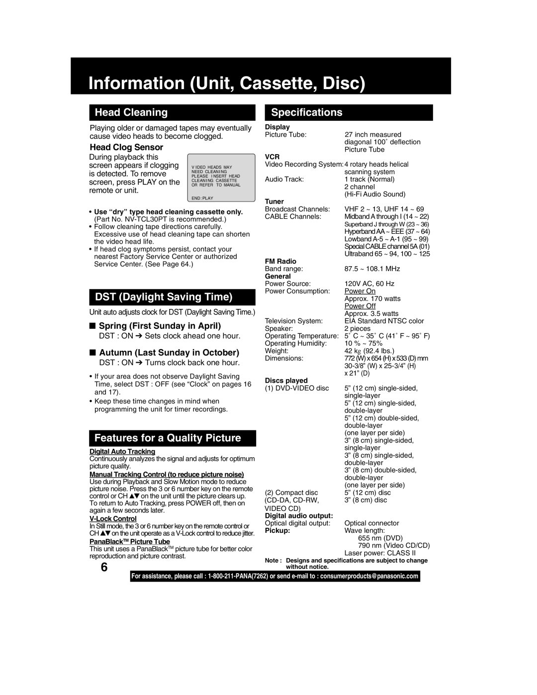 Panasonic PV-DM2792 manual Information Unit, Cassette, Disc, Head Cleaning Specifications, DST Daylight Saving Time 