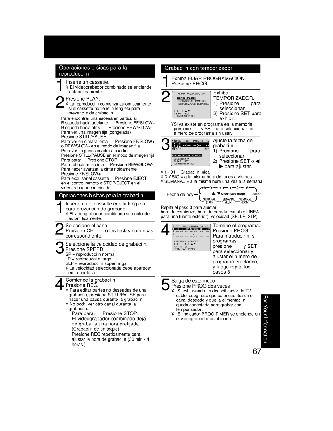 Panasonic PV-DM2792 manual Operaciones básicas para la reproducción, Operaciones básicas para la grabación 