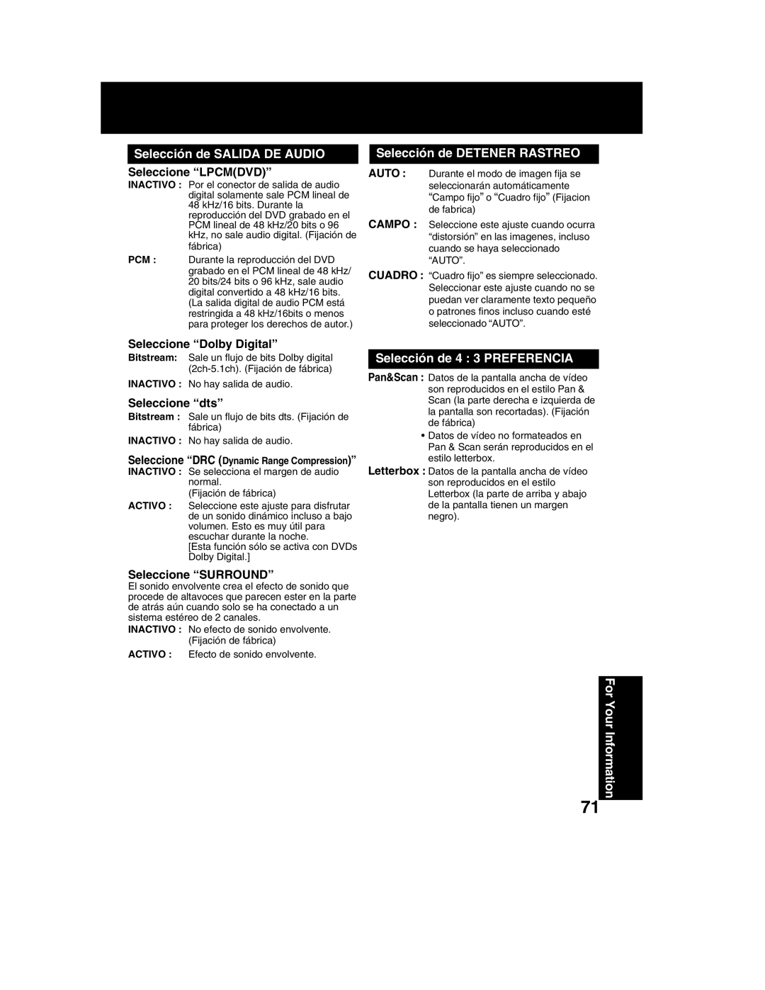 Panasonic PV-DM2792 manual Selección de Salida DE Audio, Selección de Detener Rastreo, Selección de 4 3 Preferencia 