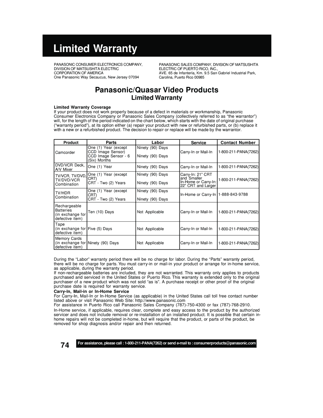 Panasonic PV-DM2792 manual Limited Warranty 