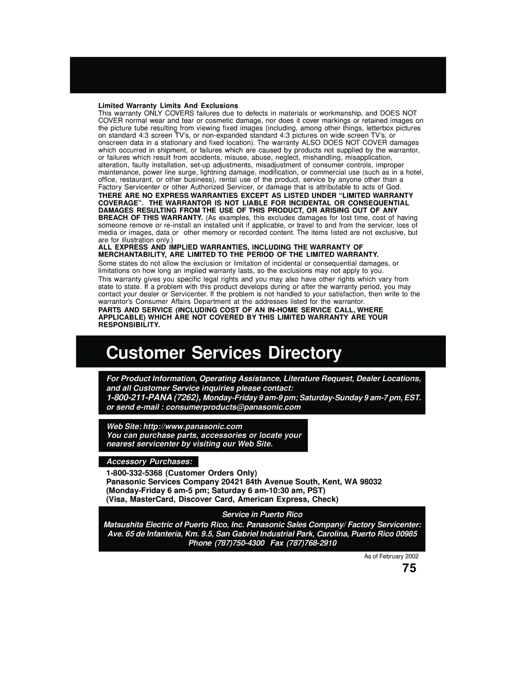 Panasonic PV-DM2792 manual Customer Services Directory 