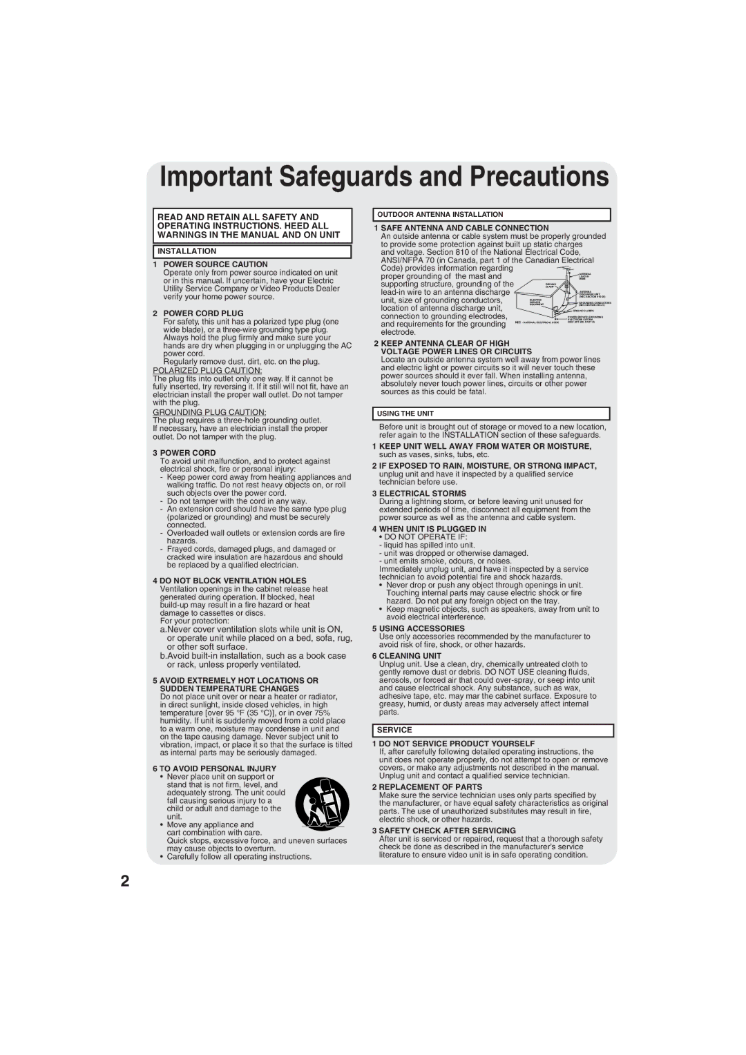 Panasonic PV DM2793, PV DM2093 operating instructions Important Safeguards and Precautions 