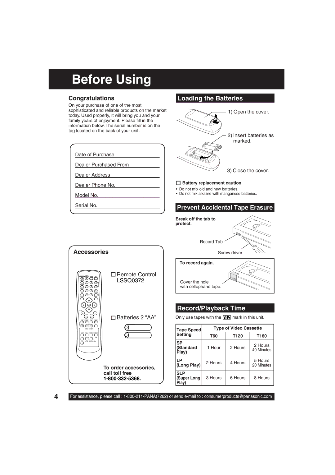 Panasonic PV DM2793, PV DM2093 Before Using, Loading the Batteries, Prevent Accidental Tape Erasure, Record/Playback Time 