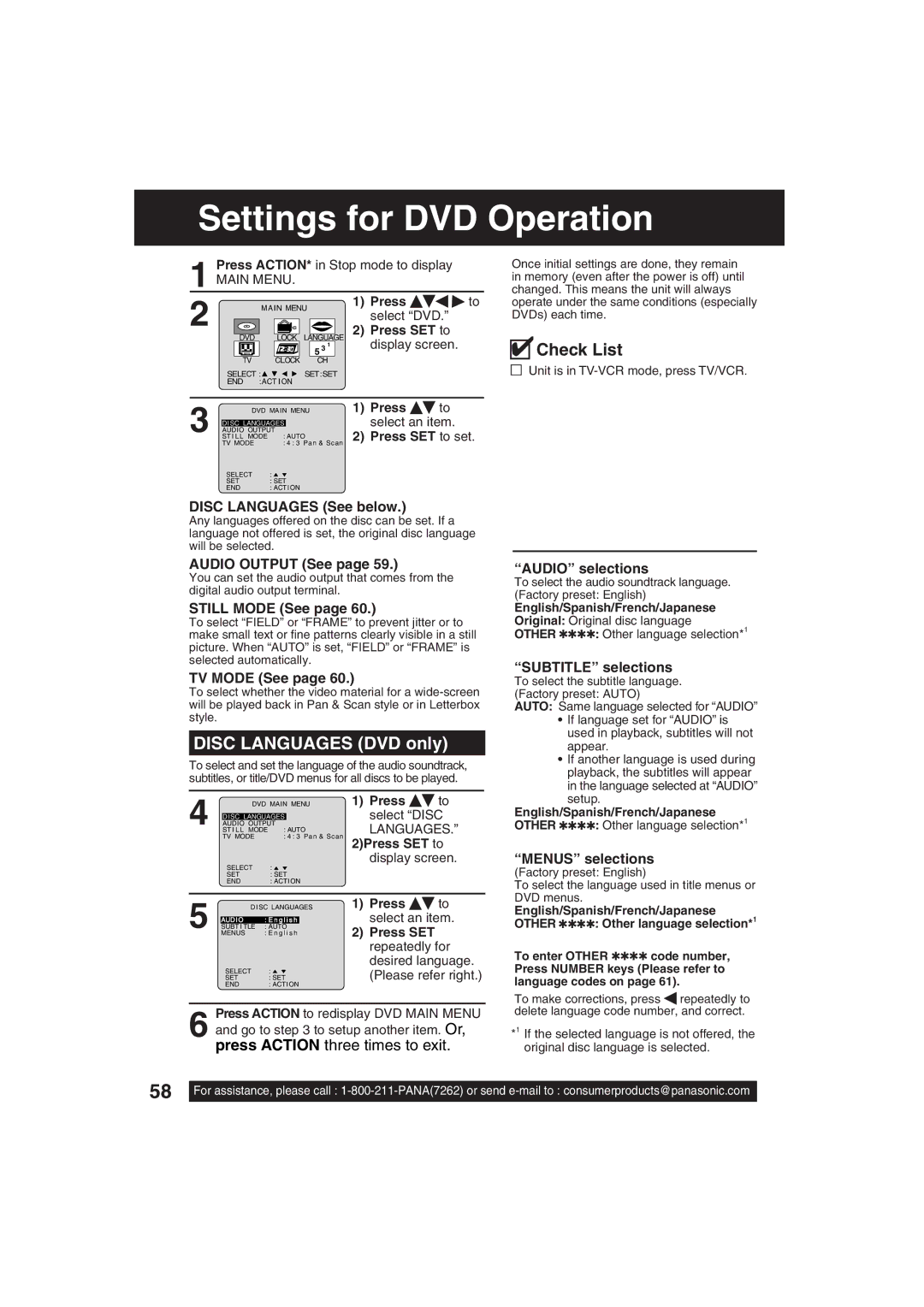 Panasonic PV DM2793, PV DM2093 operating instructions Settings for DVD Operation, Disc Languages DVD only 