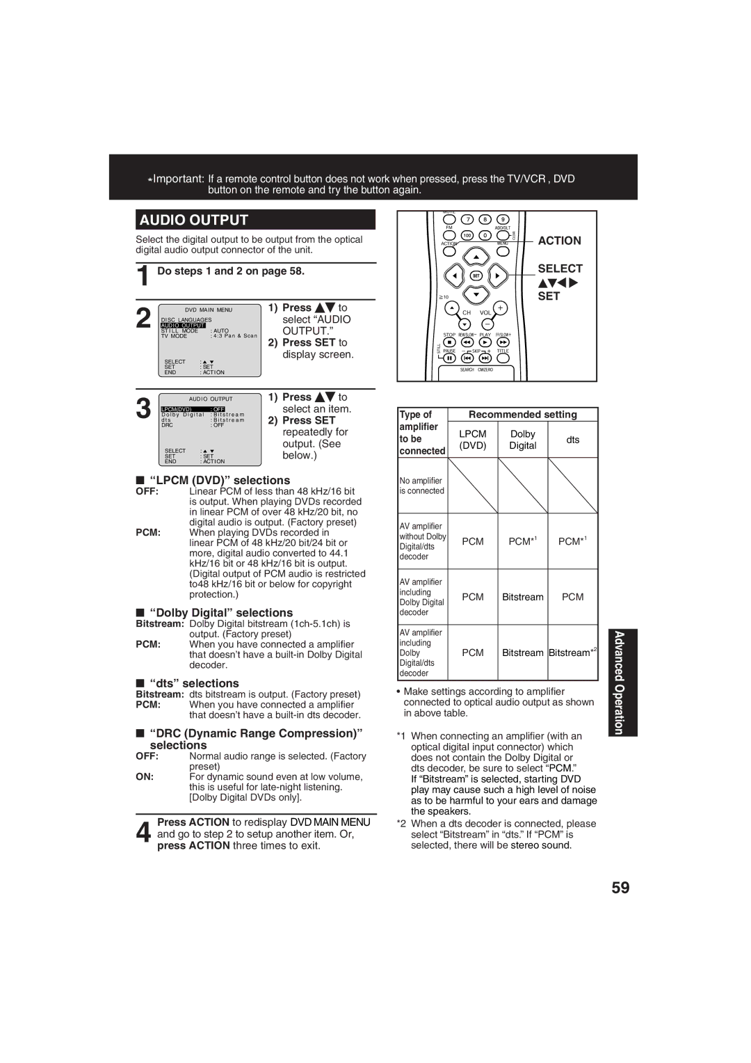 Panasonic PV DM2093, PV DM2793 operating instructions Lpcm DVD selections, Dolby Digital selections, Dts selections 