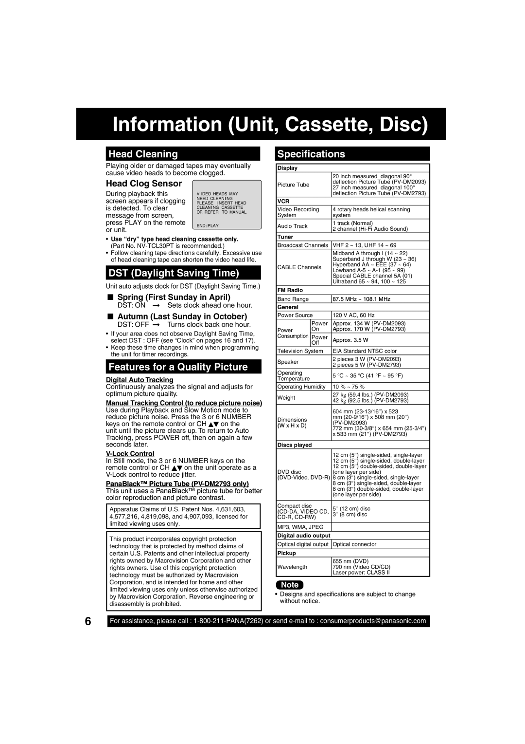 Panasonic PV DM2793, PV DM2093 Information Unit, Cassette, Disc, Head Cleaning, Speciﬁcations, DST Daylight Saving Time 