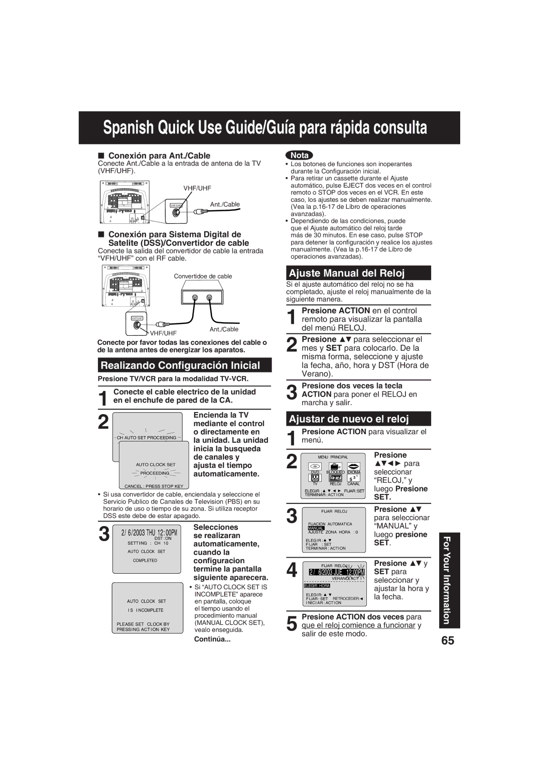 Panasonic PV DM2093, PV DM2793 Realizando Conﬁguración Inicial, Ajuste Manual del Reloj, Ajustar de nuevo el reloj 