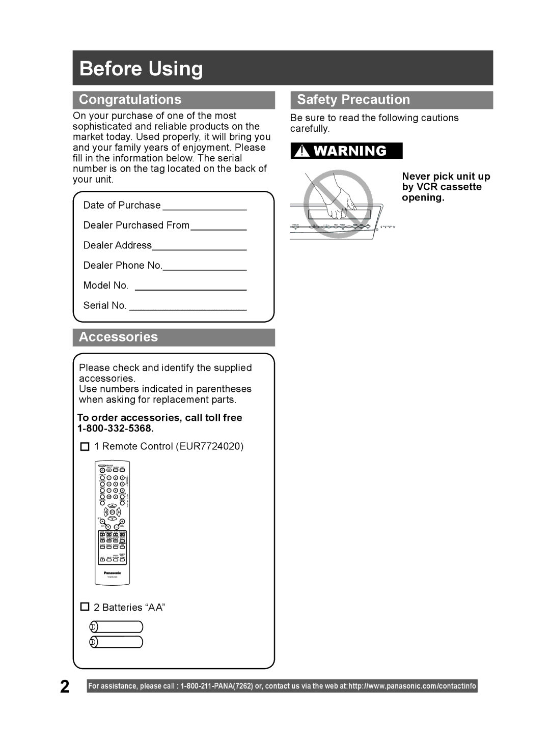 Panasonic PV-DM2794 operating instructions Before Using, Congratulations, Accessories, Safety Precaution 