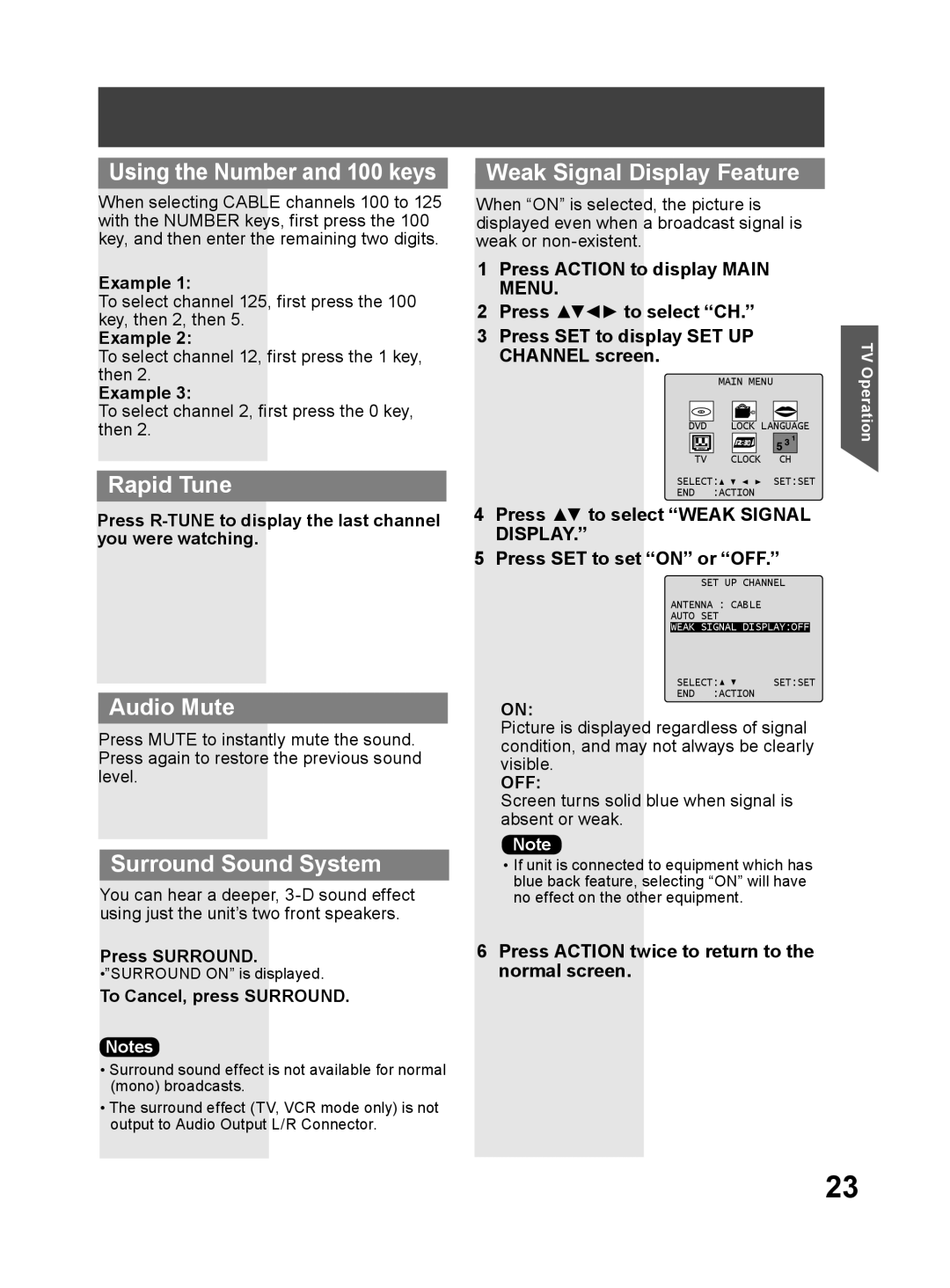 Panasonic PV-DM2794 operating instructions Using the Number and 100 keys, Rapid Tune, Audio Mute, Surround Sound System 