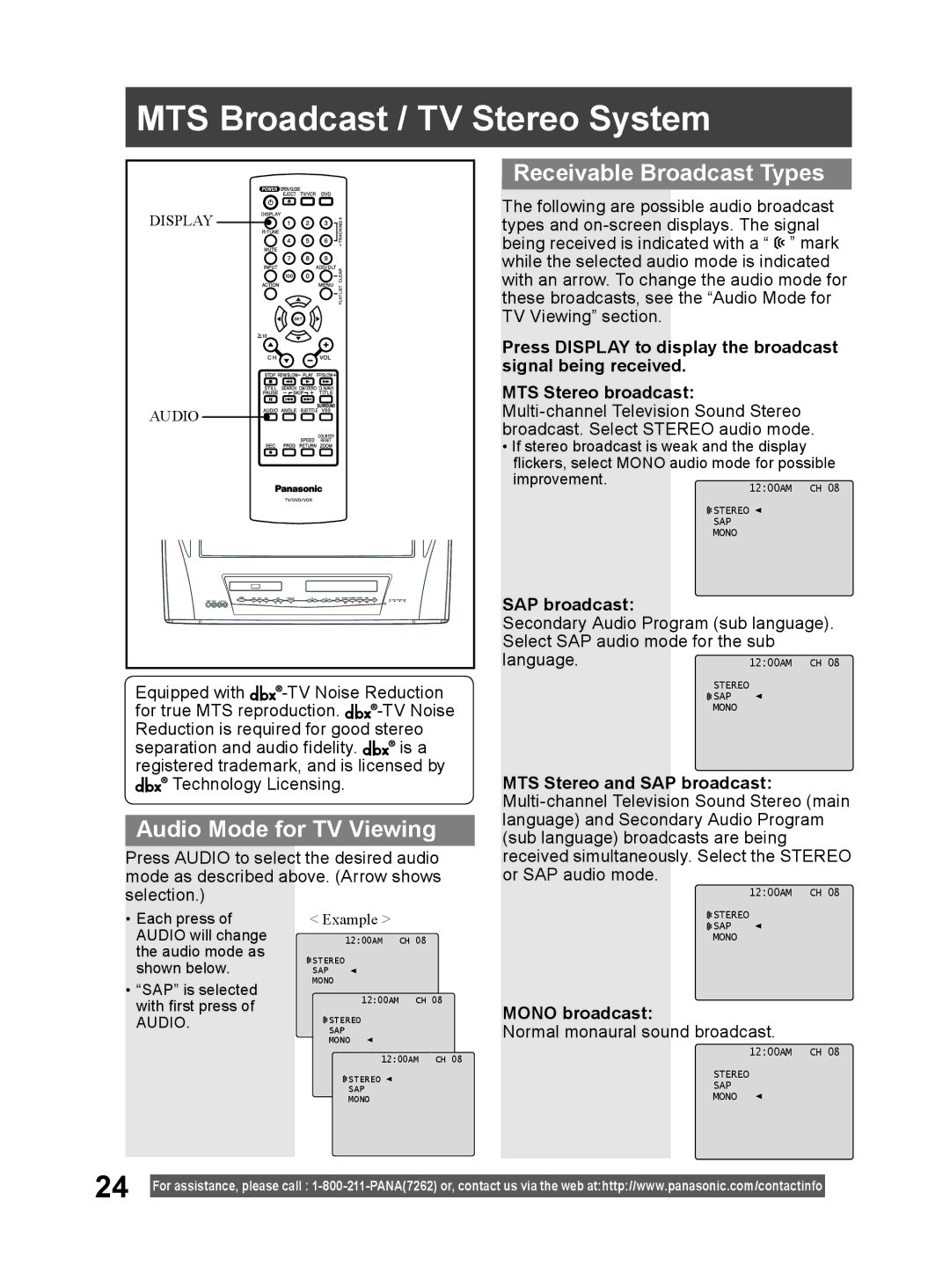 Panasonic PV-DM2794 MTS Broadcast / TV Stereo System, Audio Mode for TV Viewing, Receivable Broadcast Types, SAP broadcast 