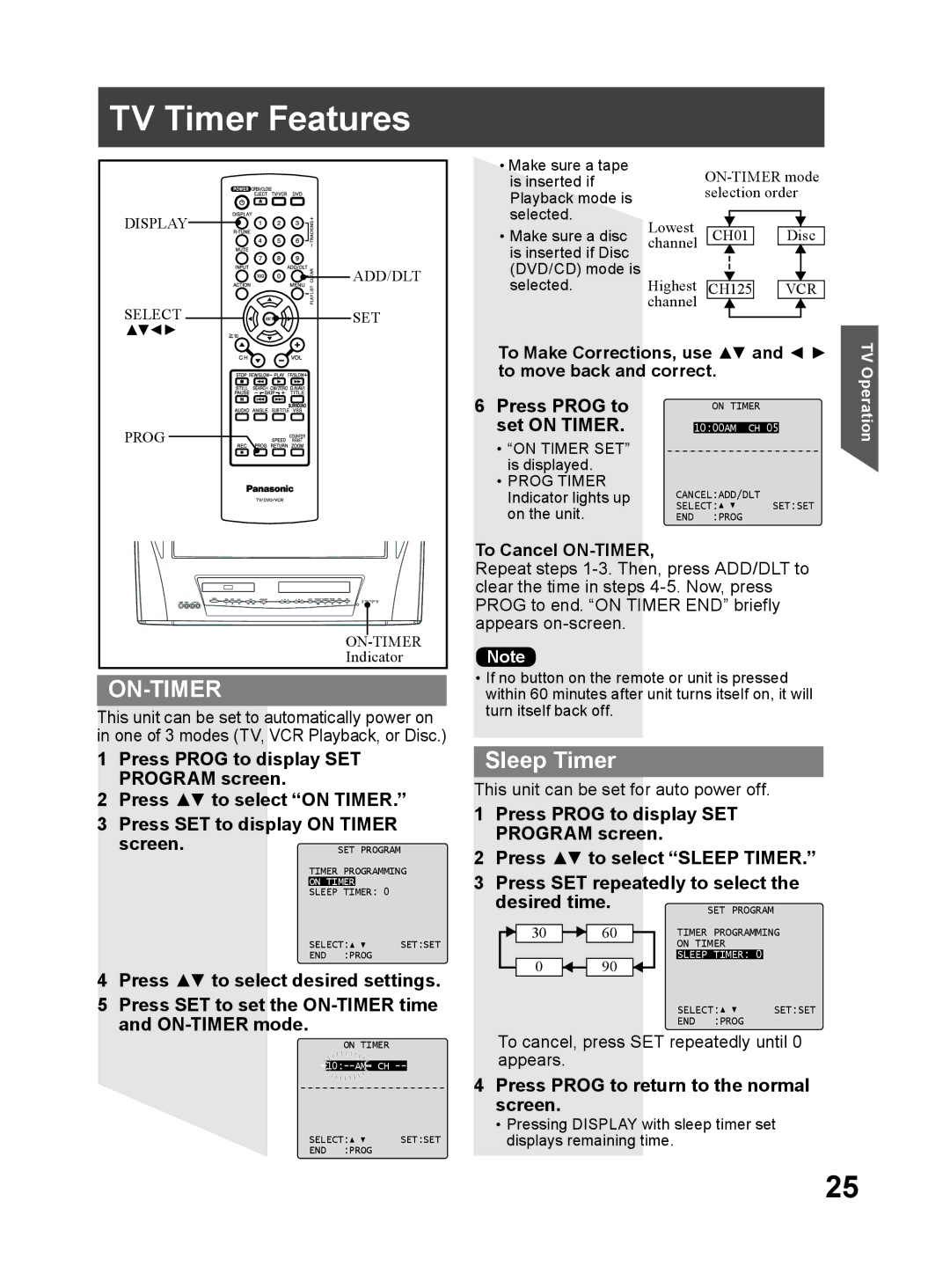 Panasonic PV-DM2794 operating instructions TV Timer Features, Sleep Timer 