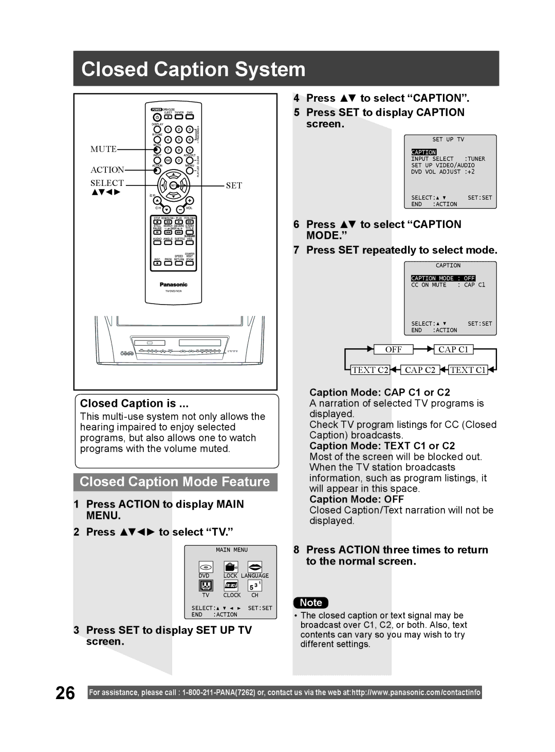 Panasonic PV-DM2794 operating instructions Closed Caption System, Closed Caption Mode Feature, Closed Caption is 