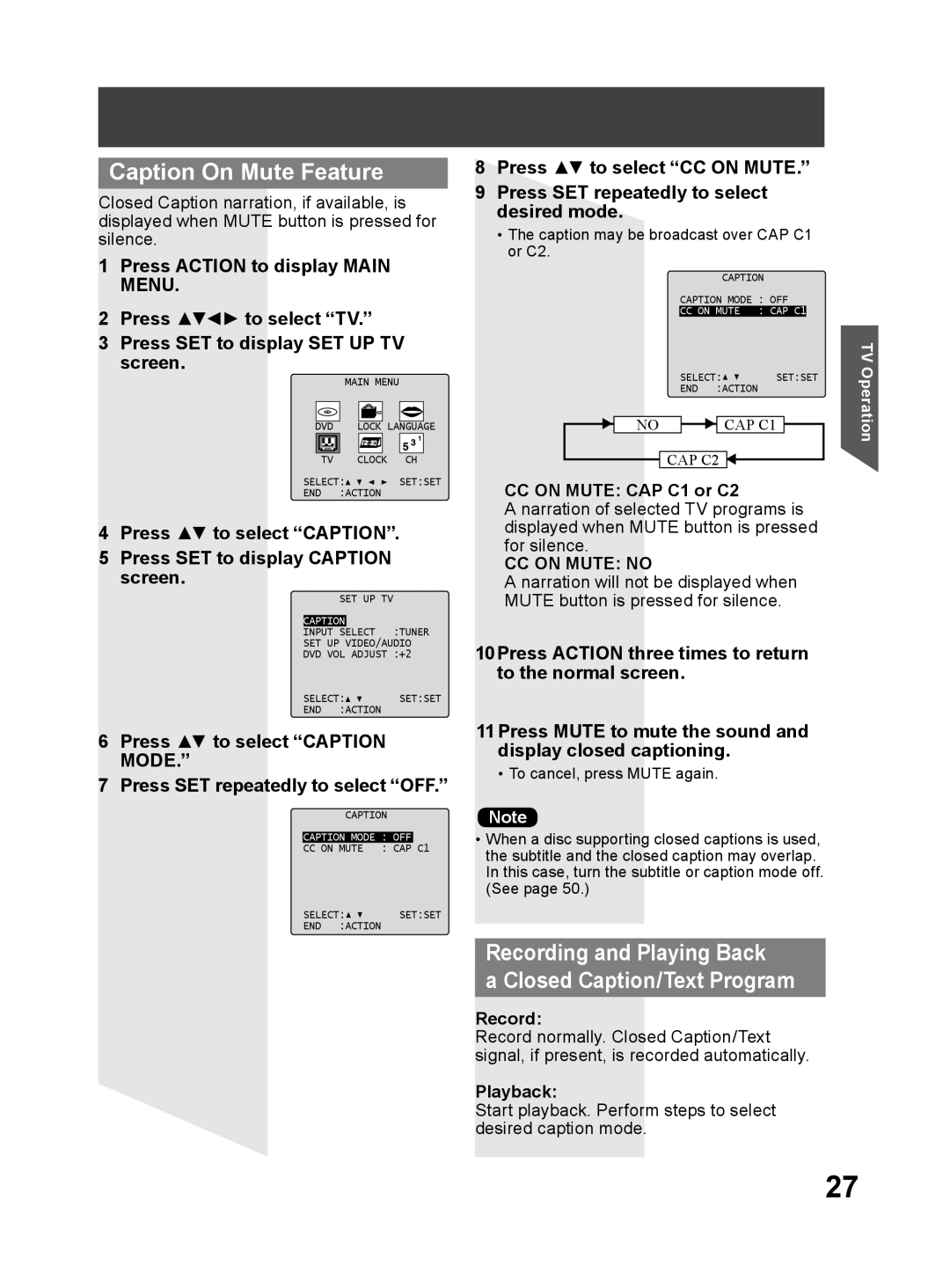 Panasonic PV-DM2794 operating instructions Caption On Mute Feature, Recording and Playing Back Closed Caption/Text Program 