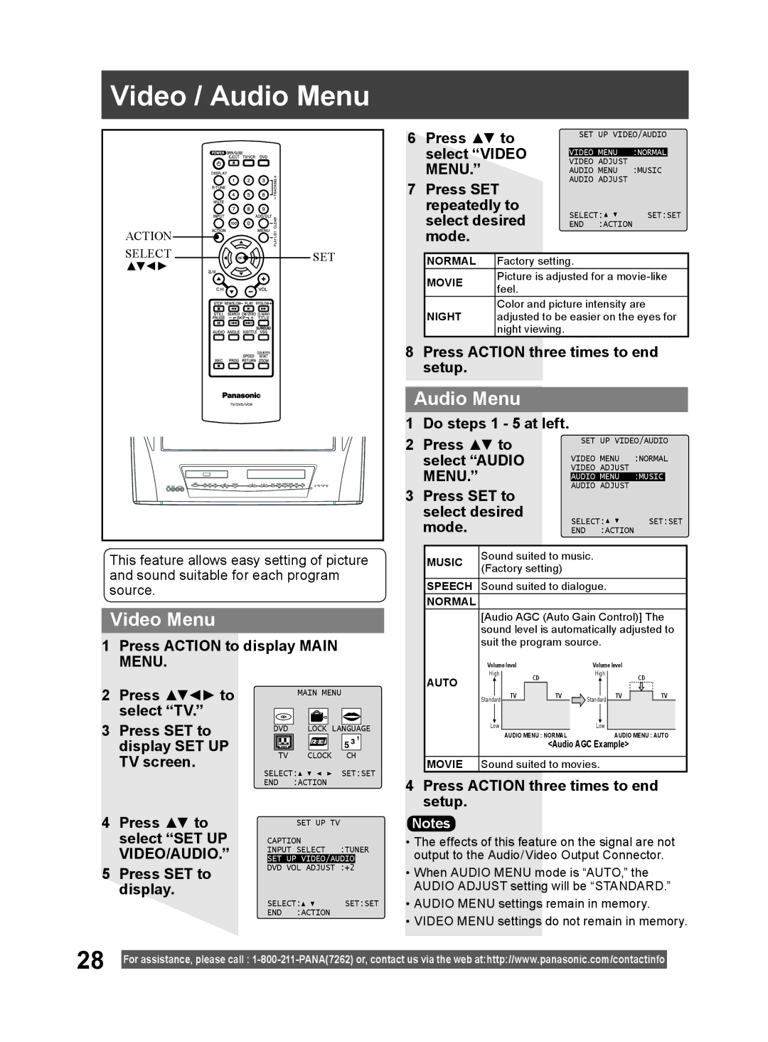 Panasonic PV-DM2794 operating instructions Video / Audio Menu, Video Menu 