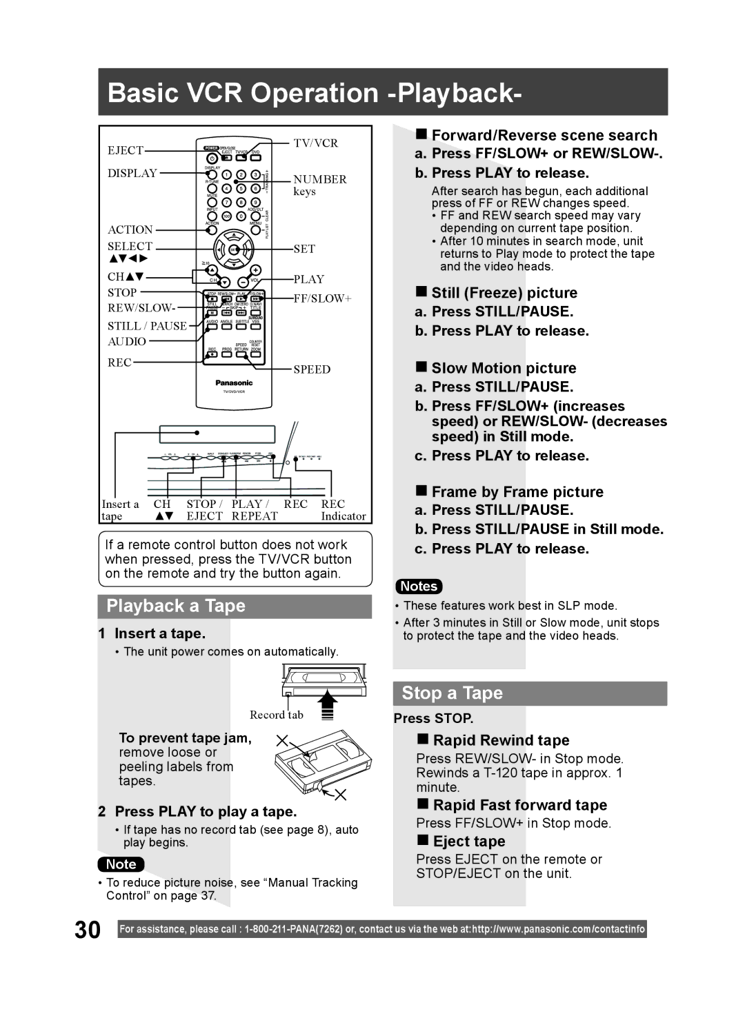 Panasonic PV-DM2794 operating instructions Basic VCR Operation -Playback, Playback a Tape, Stop a Tape 