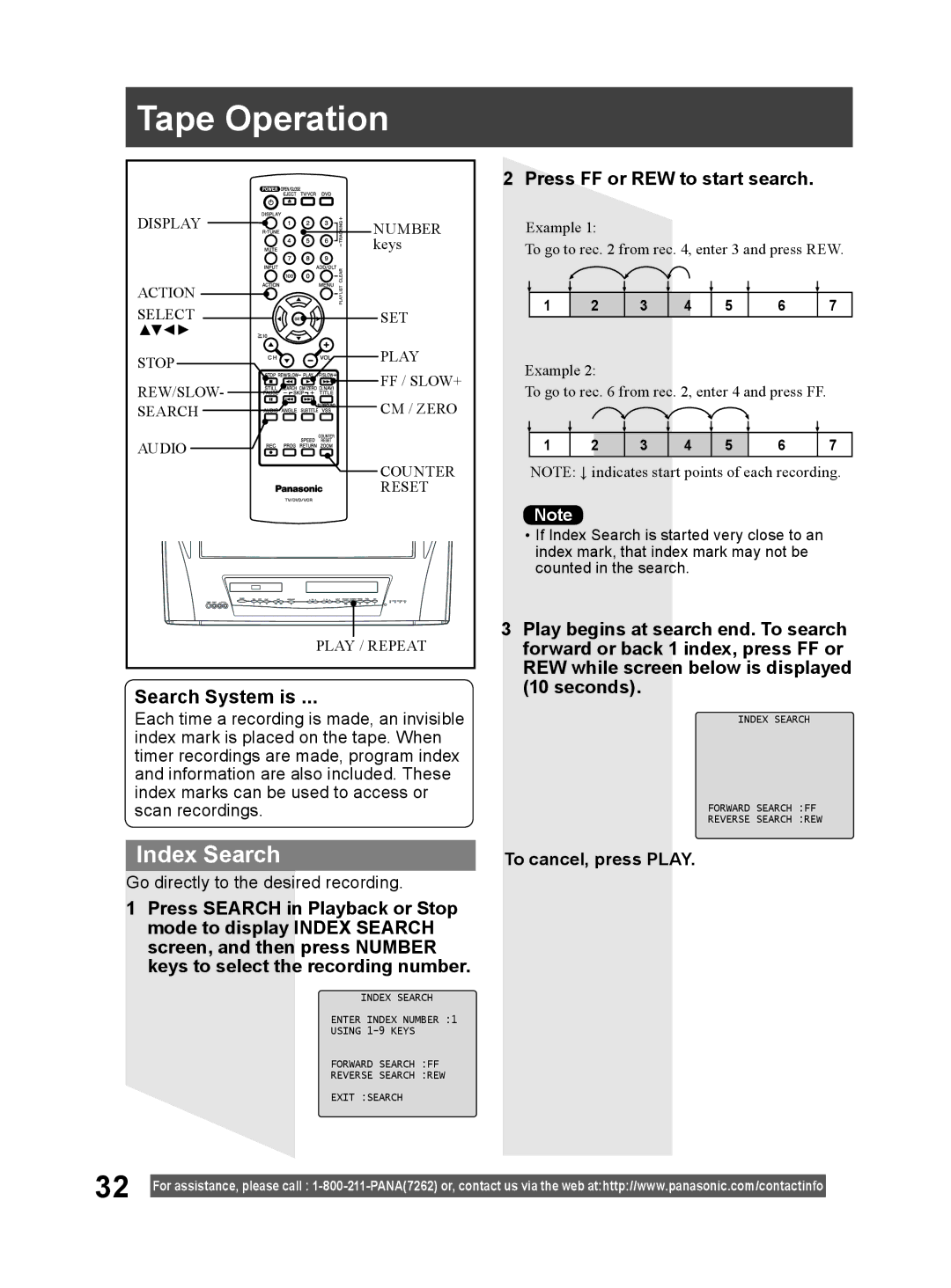 Panasonic PV-DM2794 Tape Operation, Index Search, Search System is, Press FF or REW to start search, To cancel, press Play 