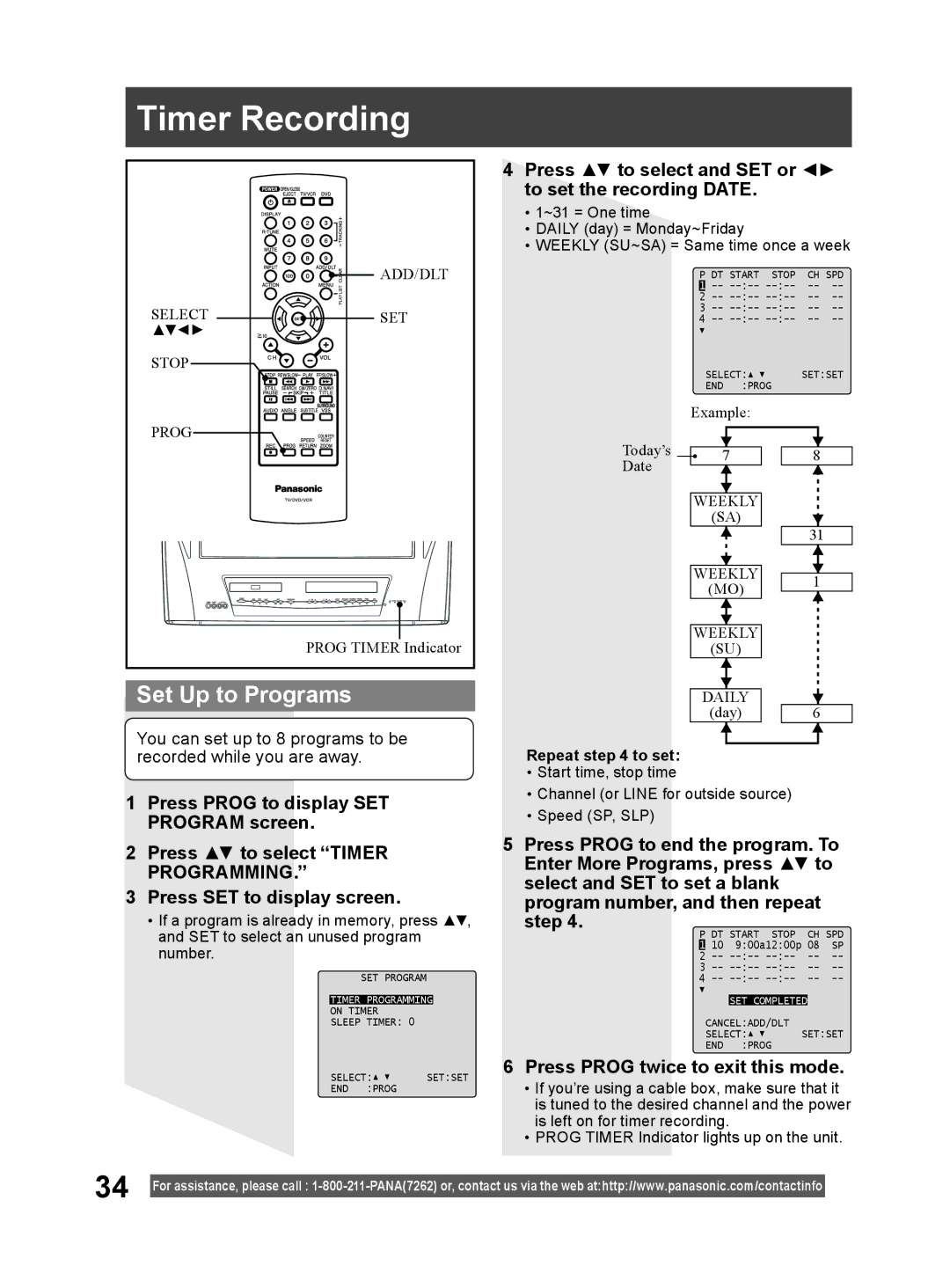 Panasonic PV-DM2794 Timer Recording, Set Up to Programs, Press to select and SET or to set the recording Date 