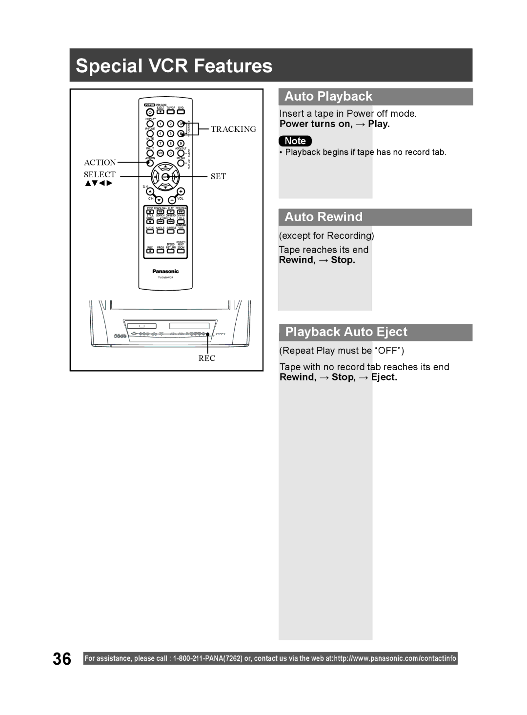 Panasonic PV-DM2794 operating instructions Special VCR Features, Auto Playback, Auto Rewind, Playback Auto Eject 