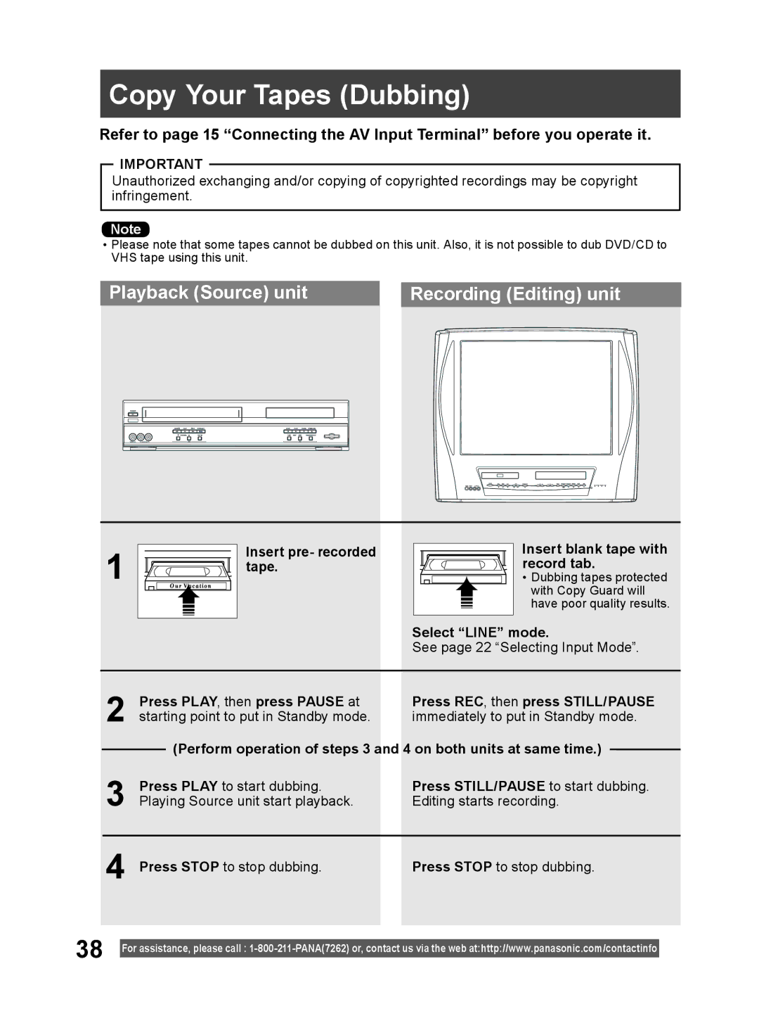 Panasonic PV-DM2794 Copy Your Tapes Dubbing, Playback Source unit Recording Editing unit, Select Line mode 