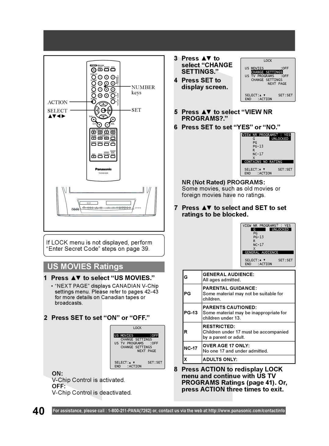 Panasonic PV-DM2794 operating instructions US Movies Ratings, Settings 