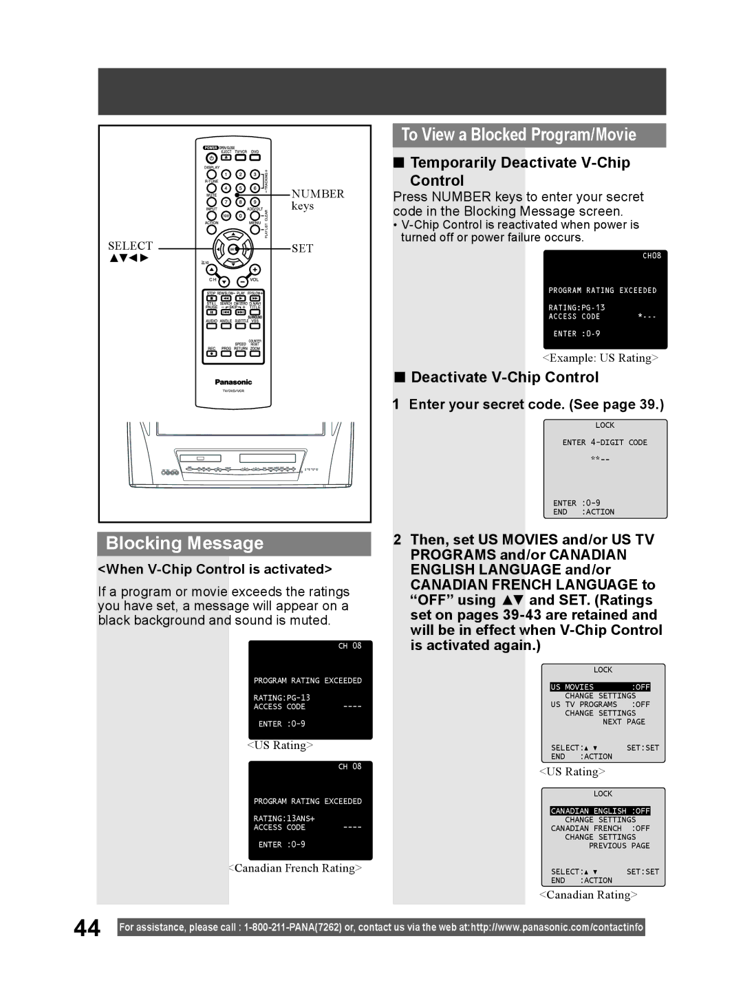 Panasonic PV-DM2794 Blocking Message, Temporarily Deactivate V-Chip Control, When V-Chip Control is activated 