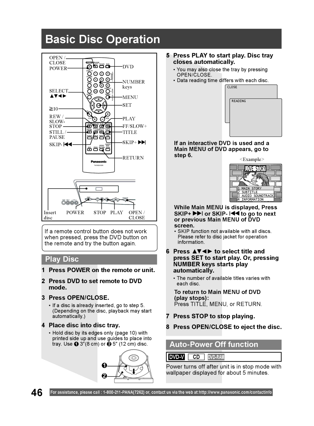 Panasonic PV-DM2794 Basic Disc Operation, Play Disc, Auto-Power Off function, Place disc into disc tray 