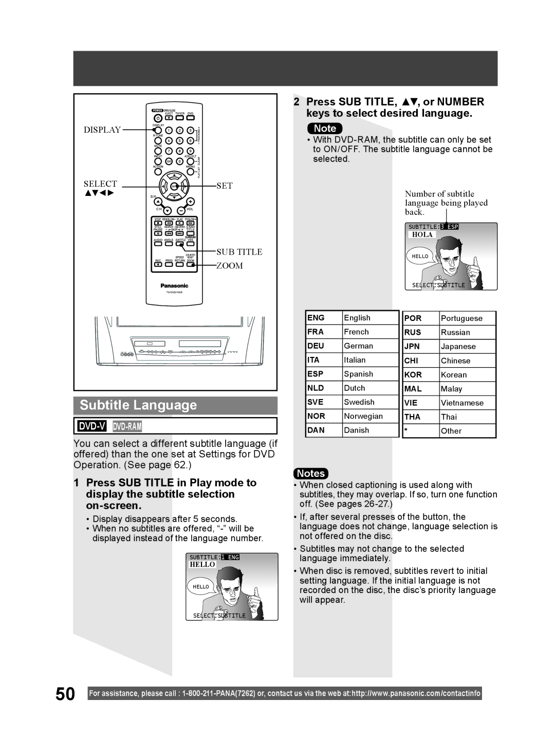 Panasonic PV-DM2794 operating instructions Subtitle Language, Press SUB TITLE, , or Number keys to select desired language 