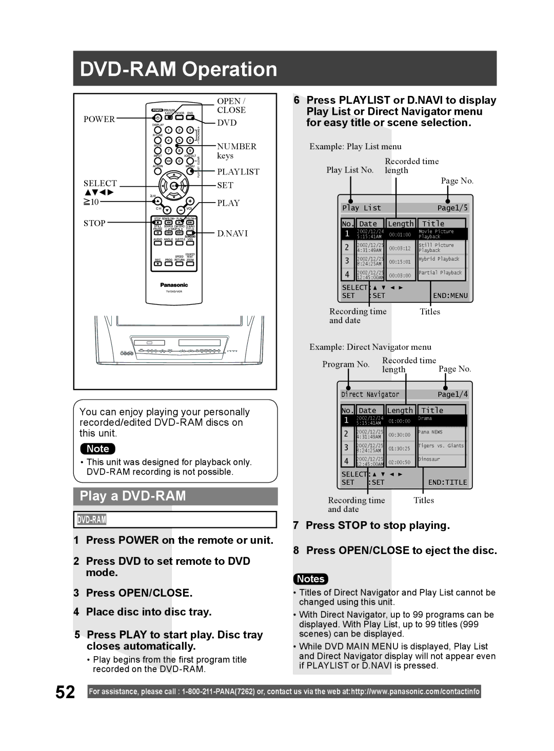 Panasonic PV-DM2794 operating instructions DVD-RAM Operation, Play a DVD-RAM 