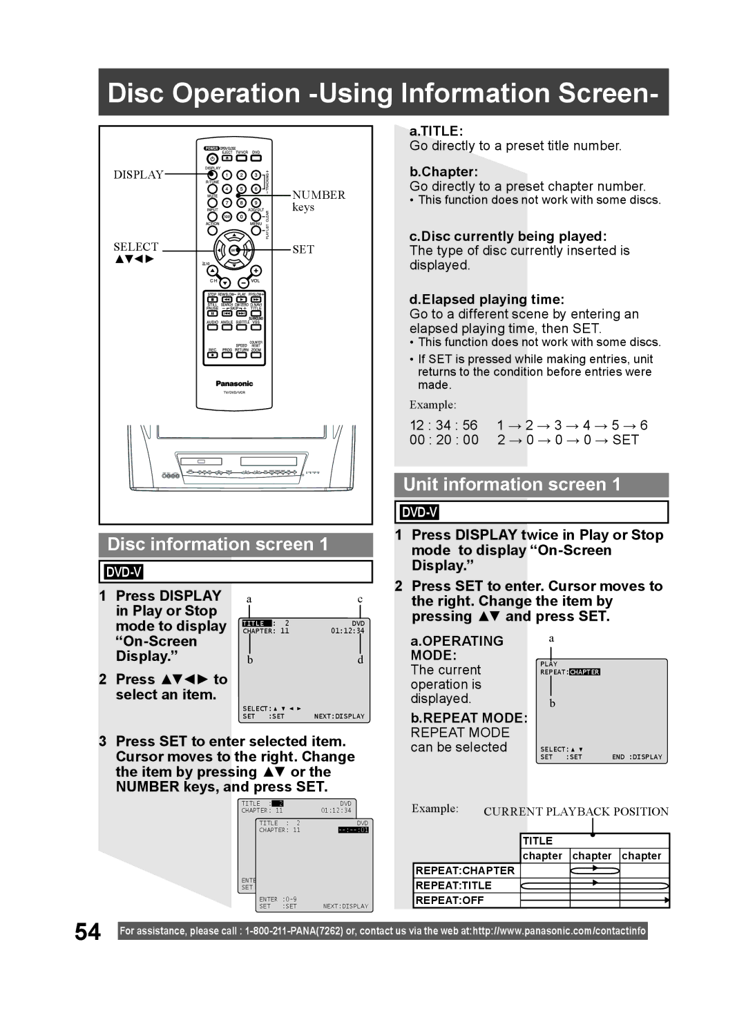 Panasonic PV-DM2794 Disc Operation -Using Information Screen, Disc information screen, Unit information screen 