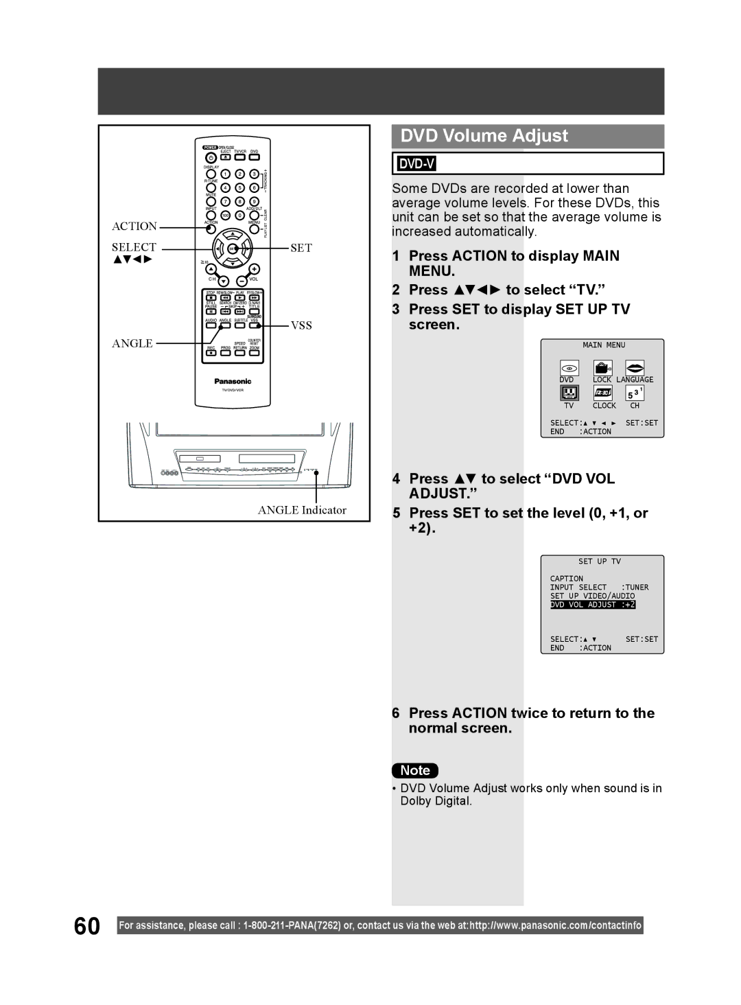 Panasonic PV-DM2794 operating instructions DVD Volume Adjust, Press Action twice to return to the normal screen 