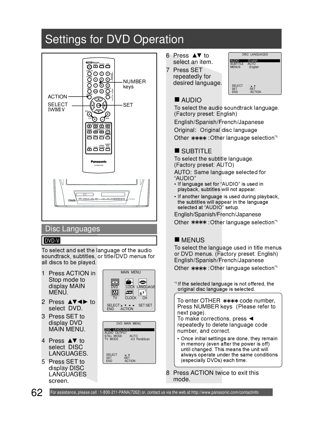 Panasonic PV-DM2794 operating instructions Settings for DVD Operation, Disc Languages 