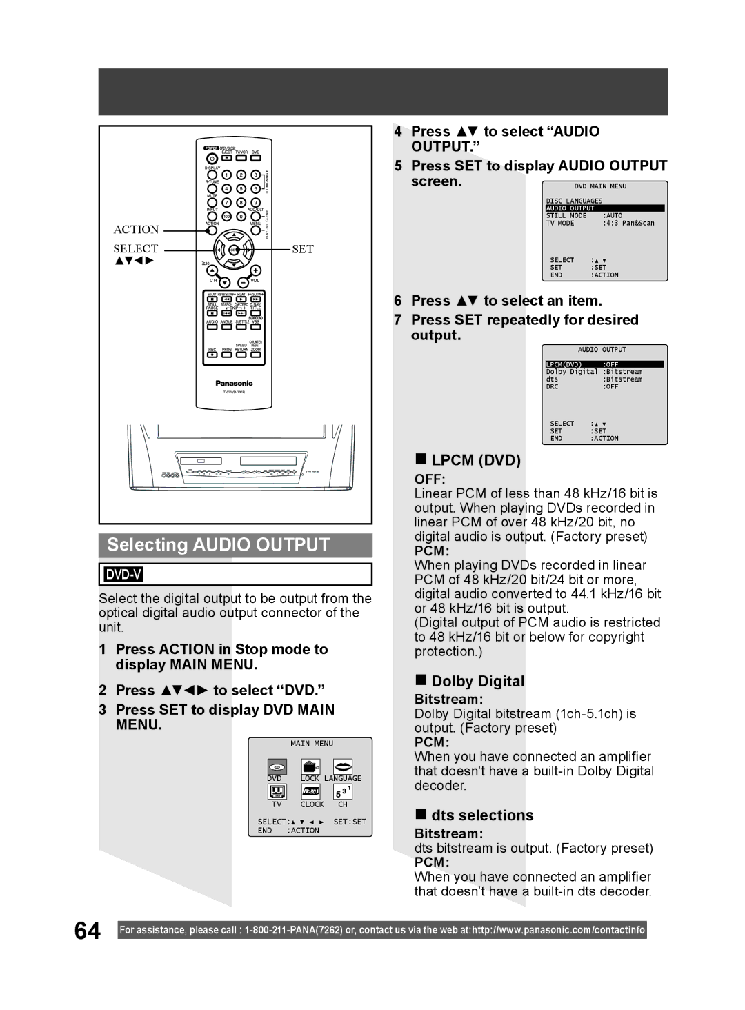 Panasonic PV-DM2794 operating instructions Selecting Audio Output, Lpcm DVD, Dolby Digital, Dts selections, Bitstream 