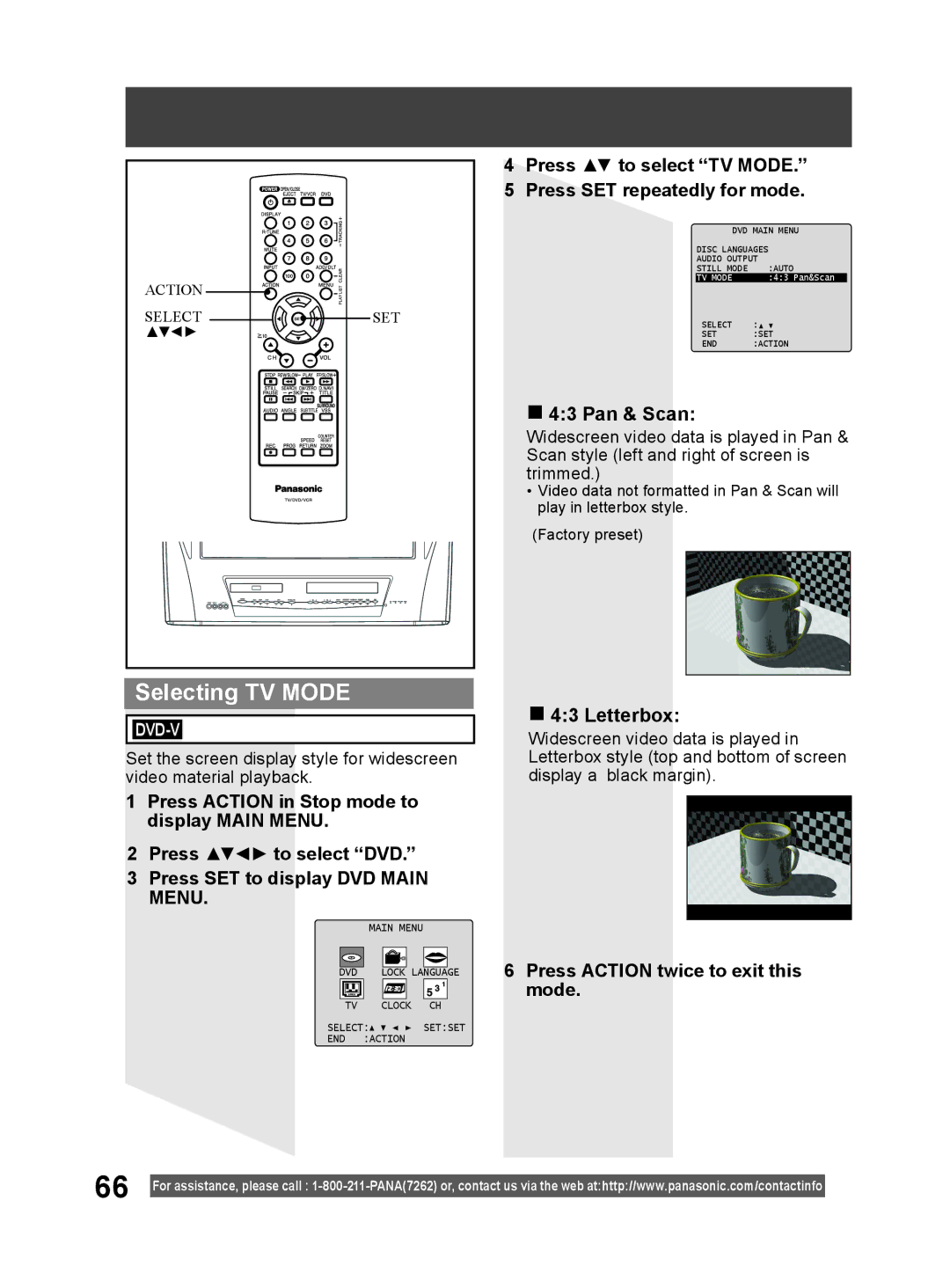 Panasonic PV-DM2794 Selecting TV Mode, Press to select TV Mode Press SET repeatedly for mode, Pan & Scan, Letterbox 