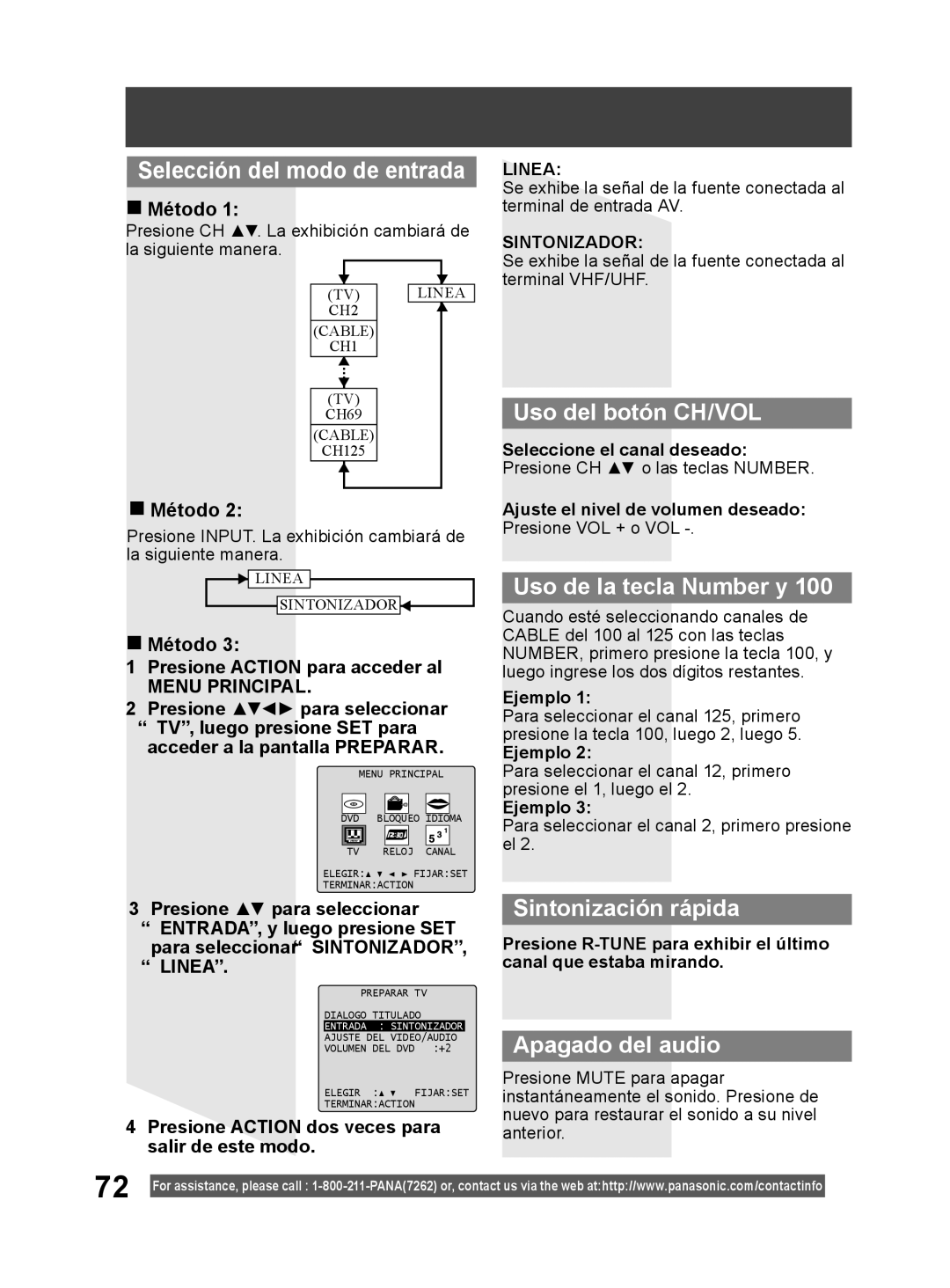 Panasonic PV-DM2794 Selección del modo de entrada, Uso del botón CH/VOL, Uso de la tecla Number y, Sintonización rápida 