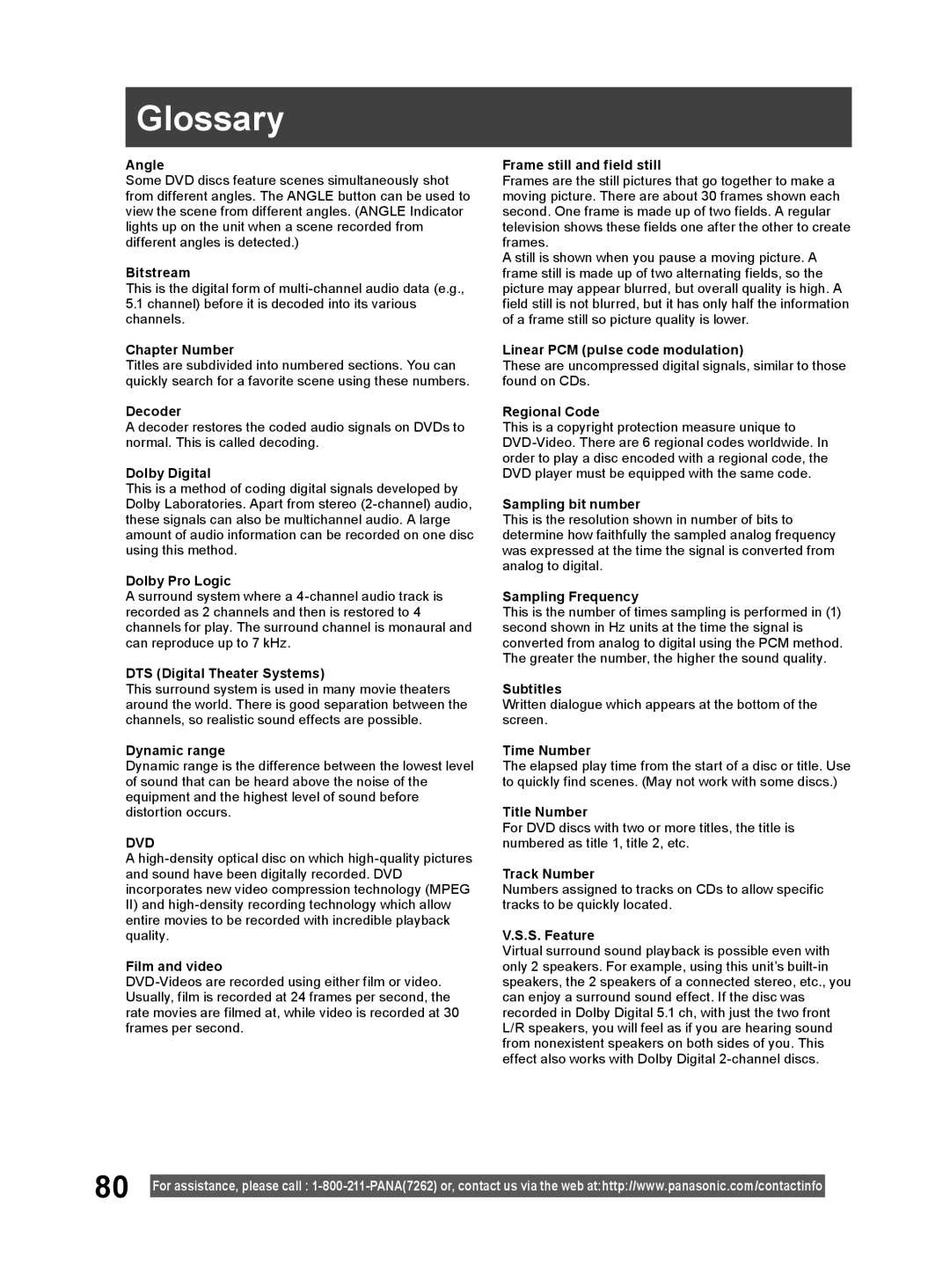 Panasonic PV-DM2794 operating instructions Glossary, Angle 