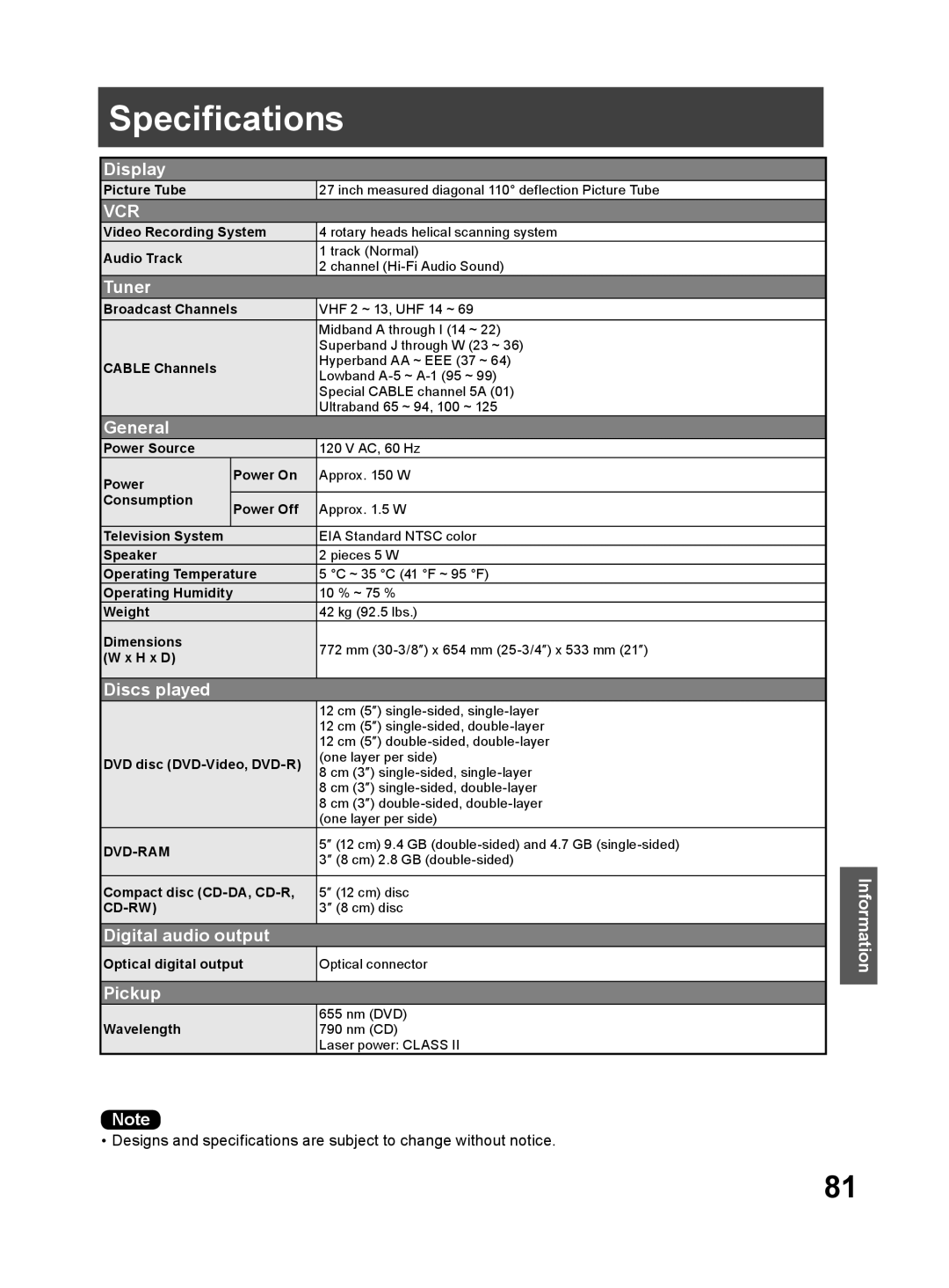 Panasonic PV-DM2794 operating instructions Specifications, Vcr 