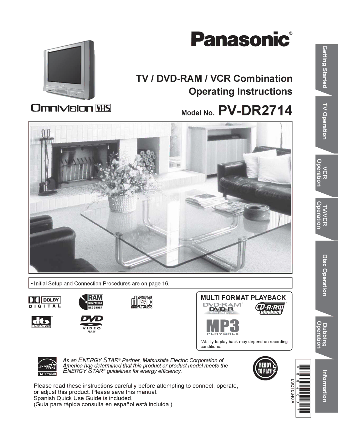 Panasonic PV DR2714 manual TV / DVD-RAM / VCR Combination Operating Instructions 