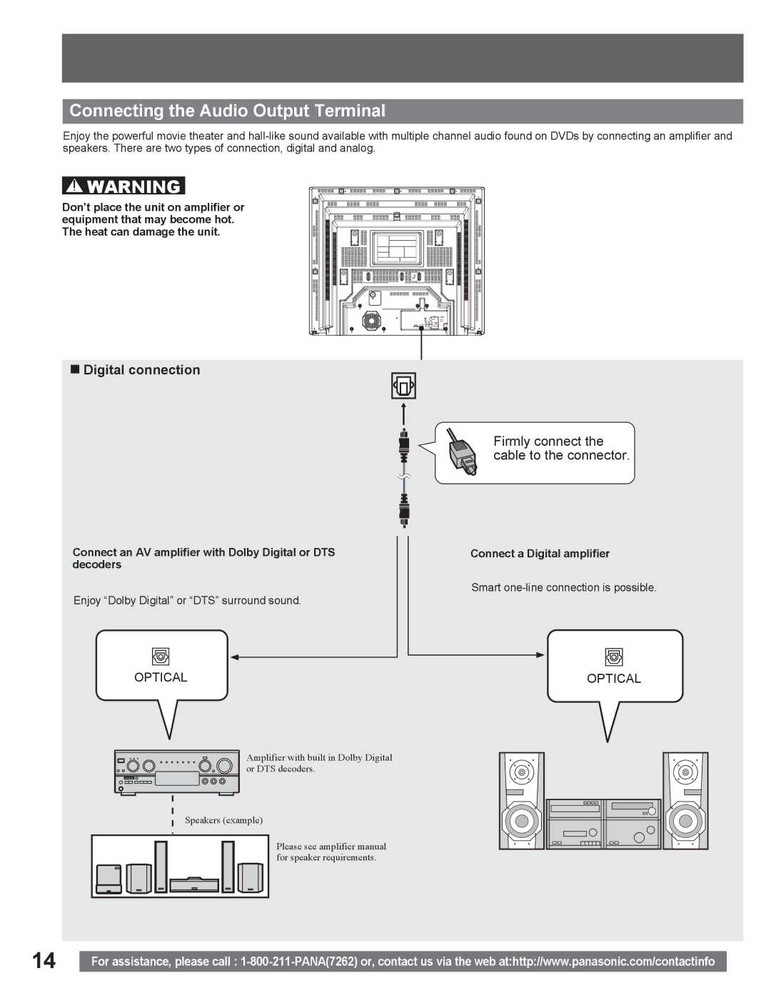 Panasonic PV DR2714 manual Connecting the Audio Output Terminal, „ Digital connection, Connect a Digital amplifier 