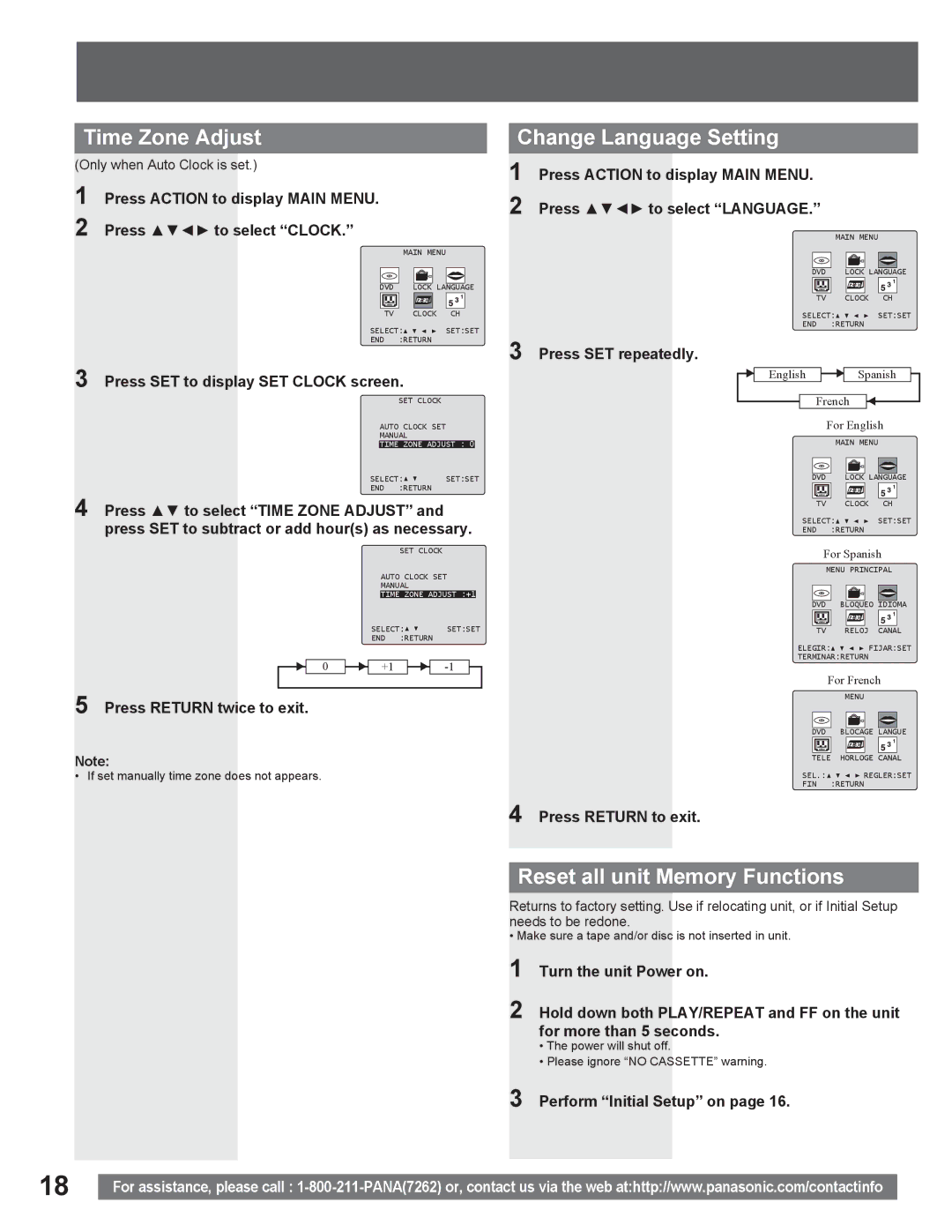 Panasonic PV DR2714 manual Time Zone Adjust, Change Language Setting, Reset all unit Memory Functions 