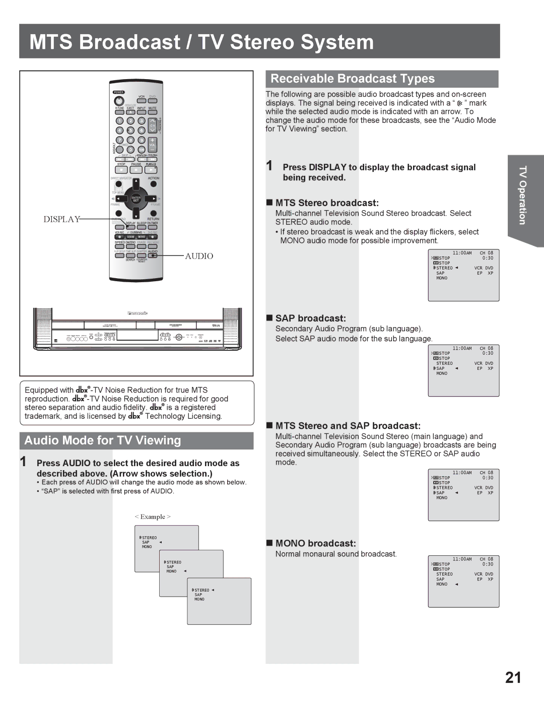 Panasonic PV DR2714 manual MTS Broadcast / TV Stereo System, Audio Mode for TV Viewing, Receivable Broadcast Types 