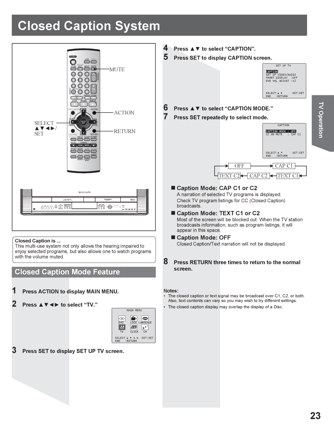 Panasonic PV DR2714 Closed Caption System, Closed Caption Mode Feature, „ Caption Mode CAP C1 or C2, „ Caption Mode OFF 